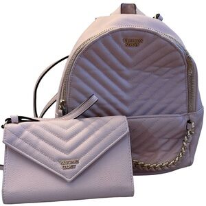 Victoria's Secret Light Pale Pink Quilted Backpack and Wallet Set with Gold